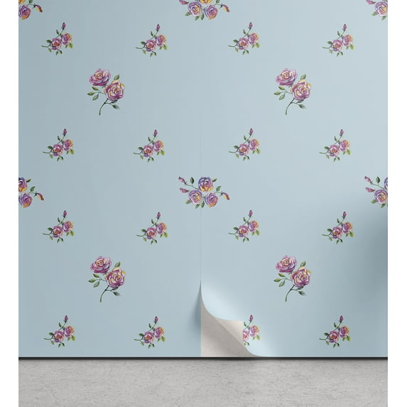 Ambesonne Floral Peel & Stick Wallpaper for Home, Beauty of the Roses Art, 13"x72", Pale Blue and Dark Magenta