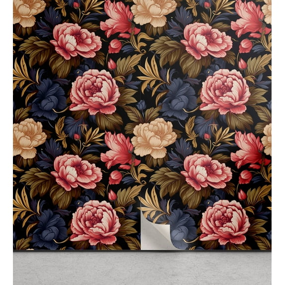 Ambesonne Floral Peel & Stick Wallpaper for Home, Blooming Wild Roses Leaves, 13"x36", Dark Coral Dark Indigo