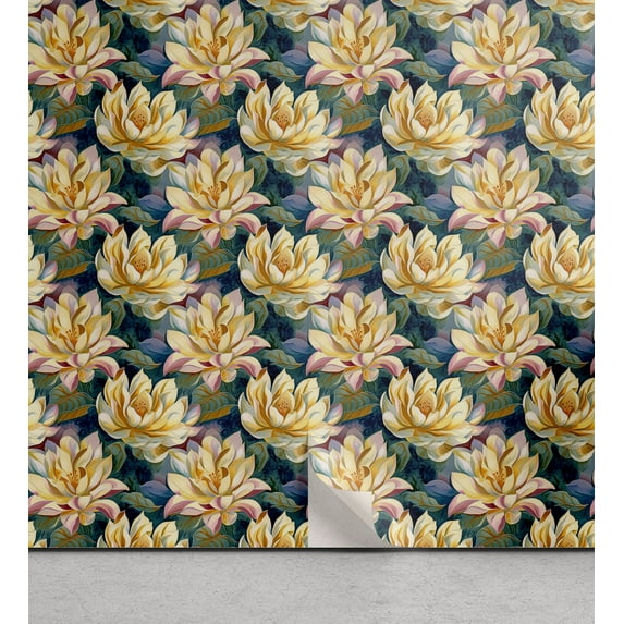 Ambesonne Floral Peel & Stick Wallpaper for Home, Blossoming Art Lotus Flowers, 13"x100", Dried Rose Pastel Yellow