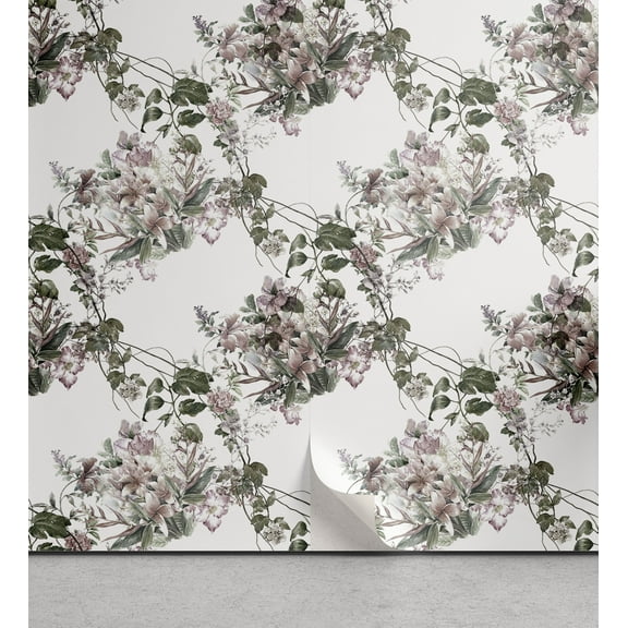 Ambesonne Floral Peel & Stick Wallpaper for Home, Blossoming Flowering Leaves, 13"x72", Pale Rose Reseda Green