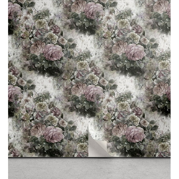 Ambesonne Floral Peel & Stick Wallpaper for Home, Blossoming Roses Botany Art, 13"x36", Army Green and Grey Pink