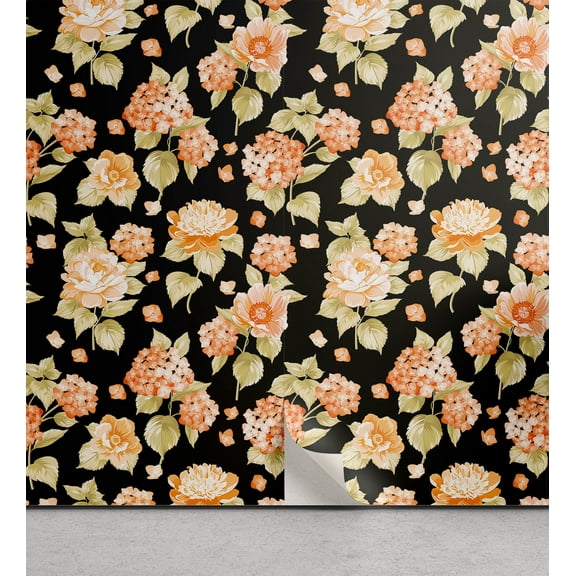 Ambesonne Floral Peel & Stick Wallpaper for Home, Blossoms on Dark Backdrop, 13"x72", Black Peach and Pale Khaki