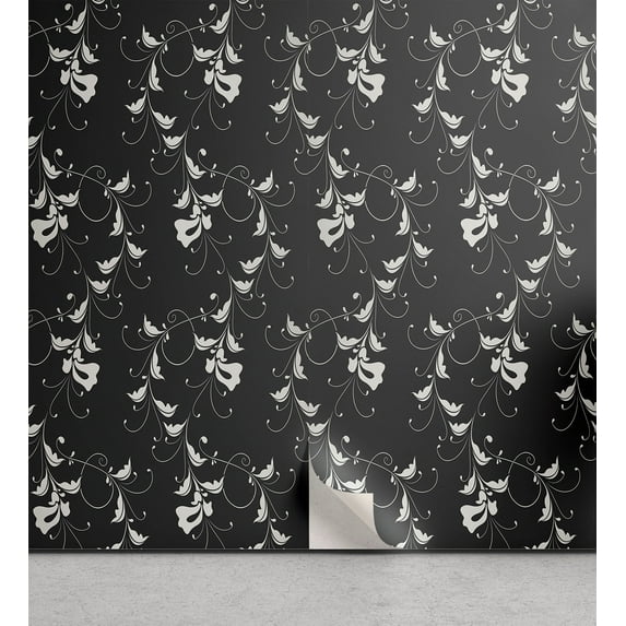 Ambesonne Floral Peel & Stick Wallpaper for Home, Bohemian Night Flowers Print, 13"x100", Charcoal Grey Pale Grey