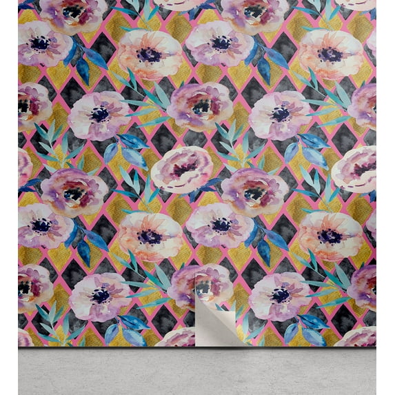 Ambesonne Floral Peel & Stick Wallpaper for Home, Botanical Anemone Bloom Art, 13"x100", Pink Dark Mustard Lilac