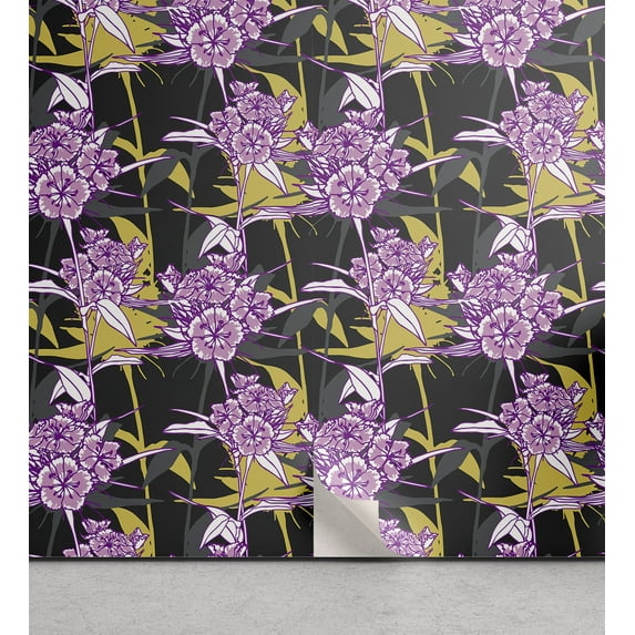 Ambesonne Floral Peel & Stick Wallpaper for Home, Botanical Overlapping Art, 13"x36", Pale Eggplant and Khaki
