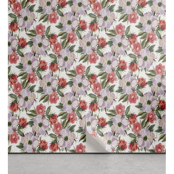 Ambesonne Floral Peel & Stick Wallpaper for Home, Botanical Spring Watercolor, 13"x72", Dark Salmon Sage Green