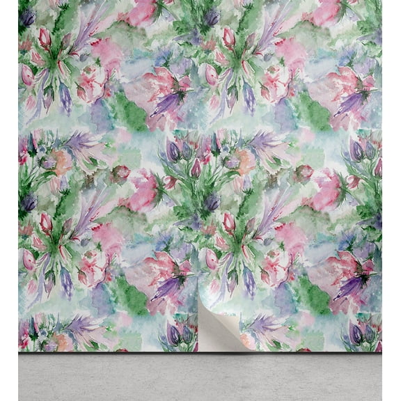 Ambesonne Floral Peel & Stick Wallpaper for Home, Bouquet Art of Spring Floral, 13"x36", Green Pink and Lavender