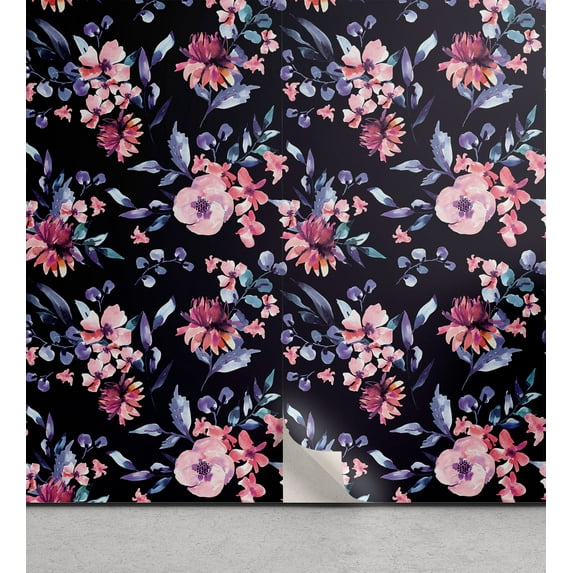 Ambesonne Floral Peel & Stick Wallpaper for Home, Brush Paint Aquarelle Flower, 13"x36", Blue Violet and Pale Pink