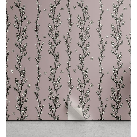 Ambesonne Floral Peel & Stick Wallpaper for Home, Budding Flowers on Branches, 13"x36", Pale Grey Charcoal Grey