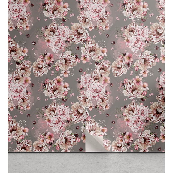 Ambesonne Floral Peel & Stick Wallpaper for Home, Butterflies Roses and Sakura, 13"x36", Blush Coconut and Taupe Grey