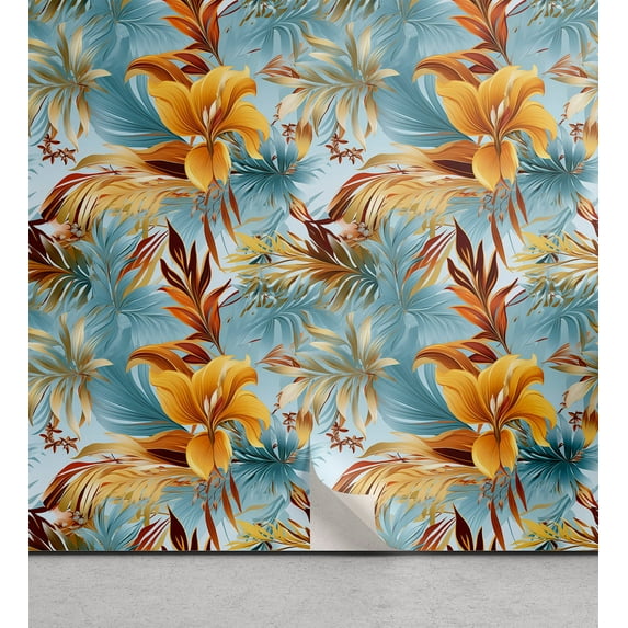 Ambesonne Floral Peel & Stick Wallpaper for Home, Calm Sea Themed Leaves Art, 13"x36", Cadet Blue and Marigold