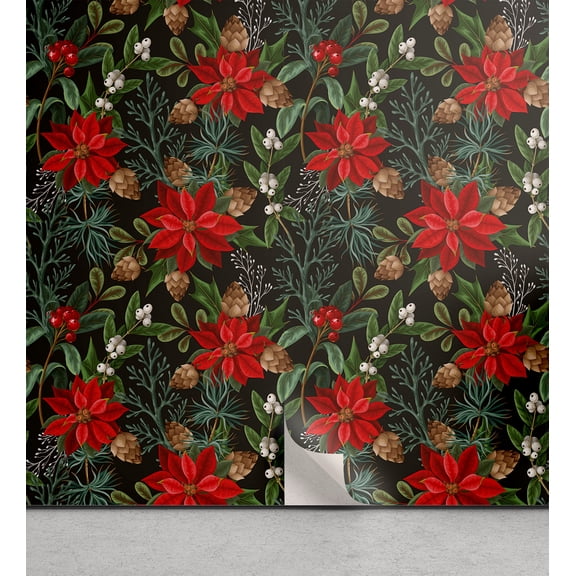 Ambesonne Floral Peel & Stick Wallpaper for Home, Christmas Traditional Flower, 13"x36", Dark Coral Green Cocoa