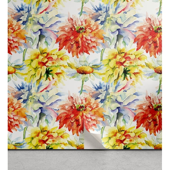 Ambesonne, Floral Peel & Stick Wallpaper for Home, Chrysanthemum Flowers Print, 13"x100", Vermilion Mustard and Green
