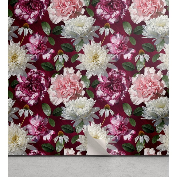 Ambesonne Floral Peel & Stick Wallpaper for Home, Chrysanthemum Rose and Daisy, 13"x36", Maroon Pink and Green