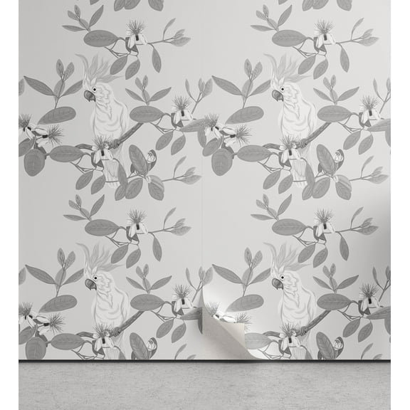 Ambesonne Floral Peel & Stick Wallpaper for Home, Cockatoo Parrot and Feijoa, 13"x72", Grey and White