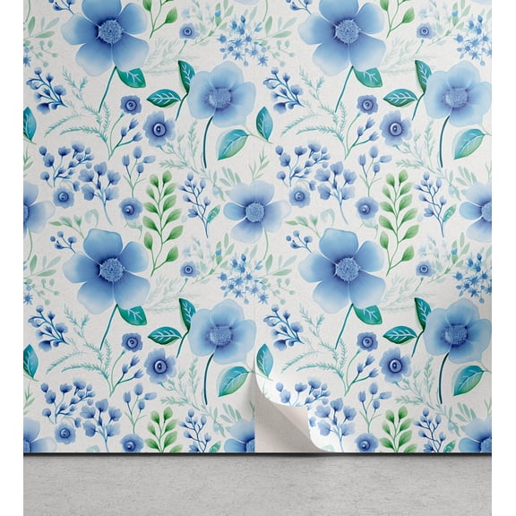 Ambesonne Floral Peel & Stick Wallpaper for Home, Cold Winter Fantasy Flowers, 13"x36", Beige Green and Sea Blue