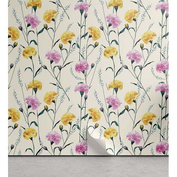 Ambesonne Floral Peel & Stick Wallpaper for Home, Colorful Carnation Flowers, 13"x100", Dark Yellow and Soft Pink