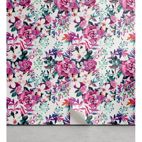 Ambesonne Floral Peel & Stick Wallpaper for Home, Colorful Large Roses Plot, 13"x36", Dark Magenta Teal and Green