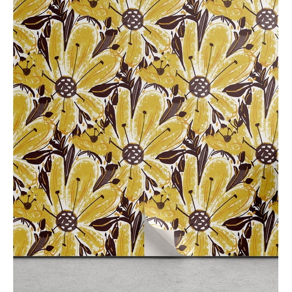 Ambesonne Floral Peel & Stick Wallpaper for Home, Contemporary Paint Marigolds, 13"x72", Mustard and Chocolate
