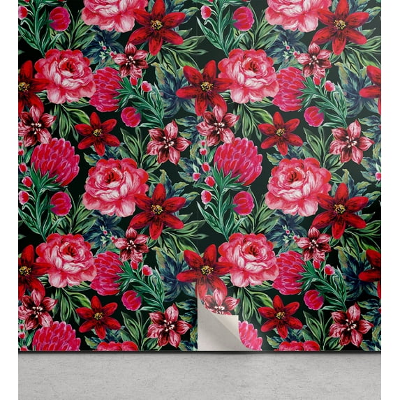 Ambesonne Floral Peel & Stick Wallpaper for Home, Cottagecore Flowers Protea, 13"x72", Dark Coral Fern Green