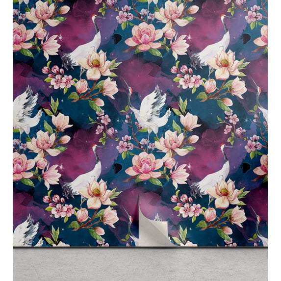 Ambesonne Floral Peel & Stick Wallpaper for Home, Cranes Watercolor Flowers, 13"x36", Mauve Taupe and Pale Khaki