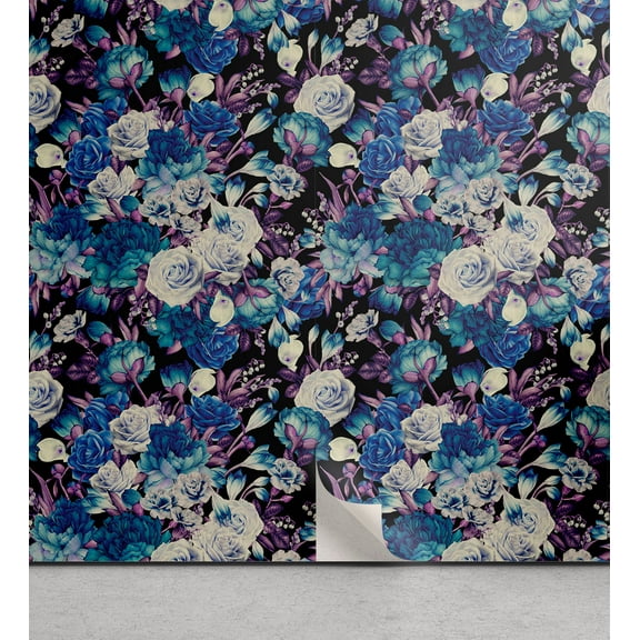 Ambesonne Floral Peel & Stick Wallpaper for Home, Dahlias Roses Lillium Print, 13"x100", Violet Dark Turquoise