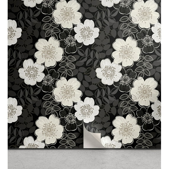 Ambesonne Floral Peel & Stick Wallpaper for Home, Dog Rose Flower Silhouettes, 13"x100", Charcoal Grey and White