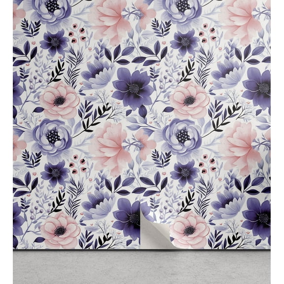 Ambesonne Floral Peel & Stick Wallpaper for Home, Dreamy Garden Anemone Flower, 13"x36", Indigo Blush Eggshell