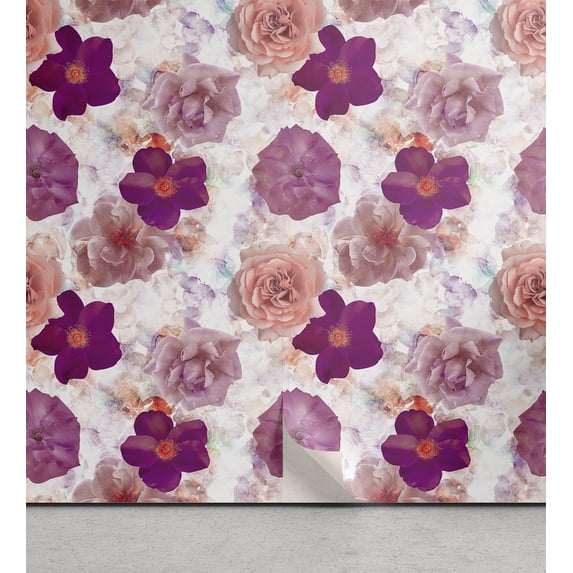 Ambesonne Floral Peel & Stick Wallpaper for Home, Dreamy Violet Rose Peony, 13"x36", Purple Dried Rose Beige