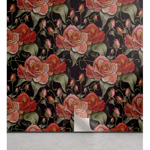 Ambesonne Floral Peel & Stick Wallpaper for Home, Embroidery-Like Roses Art, 13"x36", Dark Salmon Reseda Green