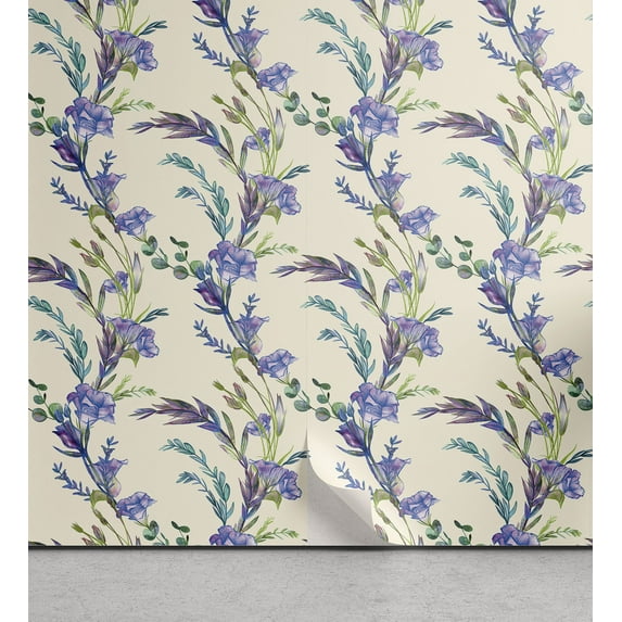 Ambesonne Floral Peel & Stick Wallpaper for Home, Eustoma Flowers Vintage Art, 13"x100", Pale Purple and Reseda Green