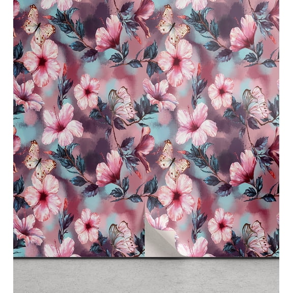 Ambesonne Floral Peel & Stick Wallpaper for Home, Exotic Hibiscus Flowers Art, 13"x36", Pink Plum and Pale Blue