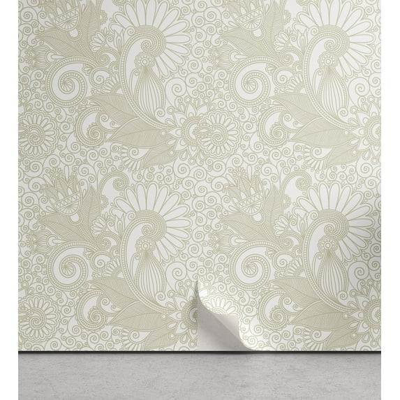 Ambesonne Floral Peel & Stick Wallpaper for Home, Exotic Oriental Mandala Art, 13"x100", Grey Yellow and Coconut