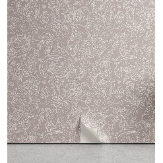 Ambesonne Floral Peel & Stick Wallpaper for Home, Exotic Paisley Flowers Print, 13"x100", Pearl Pale Tan Off White