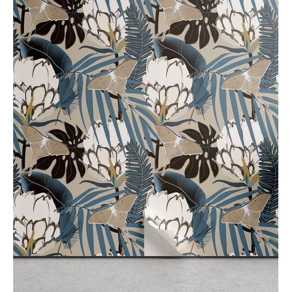 Ambesonne Floral Peel & Stick Wallpaper for Home, Exotic Pastel Rainforest Art, 13"x36", Pale Sepia Dark Turquoise