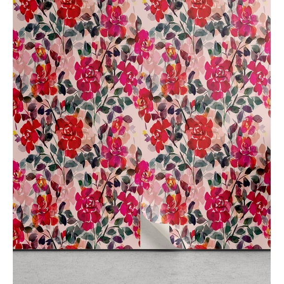 Ambesonne Floral Peel & Stick Wallpaper for Home, Fashion Watercolor Roses, 13"x100", Dark Coral and Grey Teal