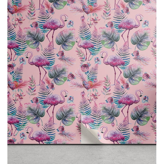 Ambesonne Floral Peel & Stick Wallpaper for Home, Flamingo Roses Monstera Palm, 13"x100", Blush Lilac and Green