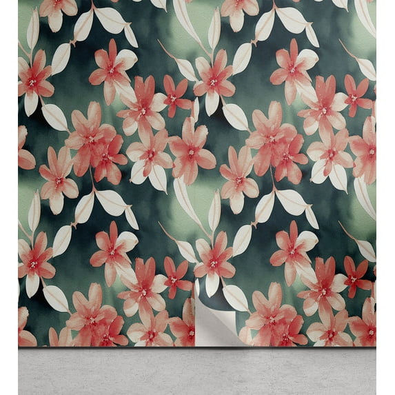 Ambesonne Floral Peel & Stick Wallpaper for Home, Flower Illustration Leaves, 13"x100", Dark Coral Dark Teal