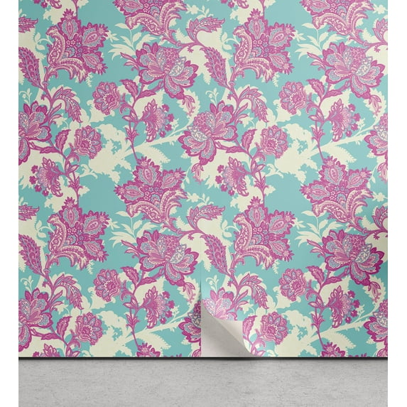 Ambesonne Floral Peel & Stick Wallpaper for Home, Flower Motifs Vintage Art, 13"x36", Pale Fuchsia Seafoam