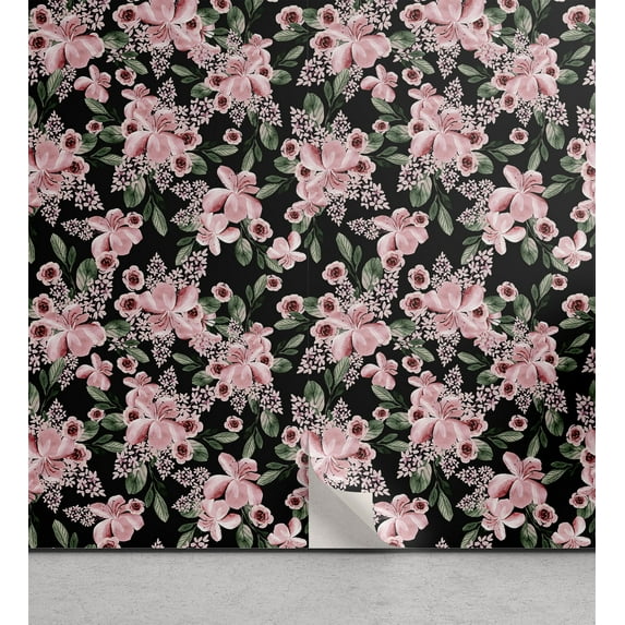 Ambesonne Floral Peel & Stick Wallpaper for Home, Flowers Garden Watercolor, 13"x72", Pastel Pink Hunter Green