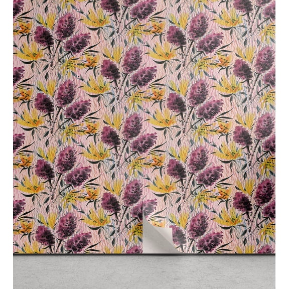 Ambesonne Floral Peel & Stick Wallpaper for Home, Flowers Grungy Back Plot, 13"x36", Grey Pink and Pastel Yellow