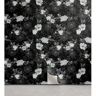 Ambesonne Floral Peel & Stick Wallpaper for Home, Flowers Leaves Dark-Tone Art, 13"x36", Charcoal Grey and White