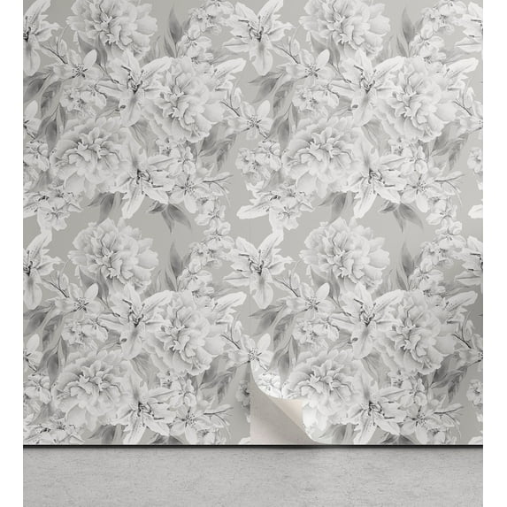 Ambesonne Floral Peel & Stick Wallpaper for Home, Flowers Muted Tones Vintage, 13"x100", Pale Grey and White