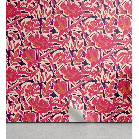 Ambesonne Floral Peel & Stick Wallpaper for Home, Flowers Painted with Crayons, 13"x100", Plum Pink and Salmon
