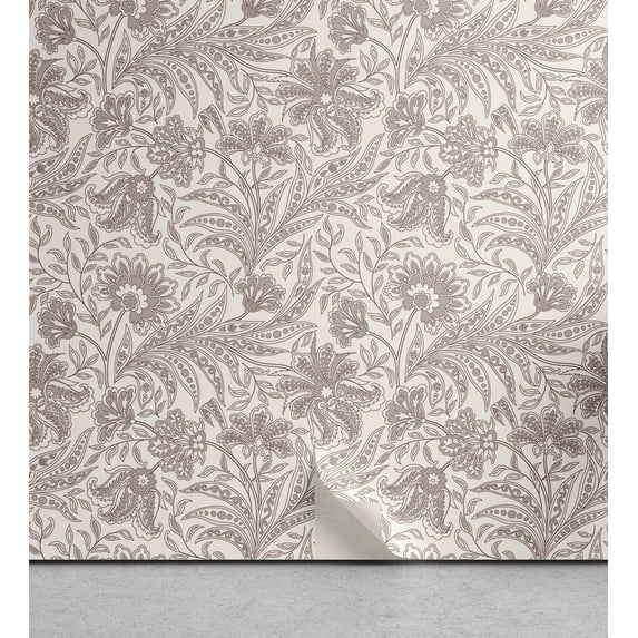 Ambesonne Floral Peel & Stick Wallpaper for Home, Flowers Print Exotic Paisley, 13"x100", Pale Eggshell Eggplant