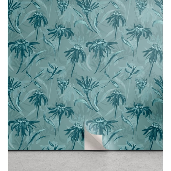 Ambesonne Floral Peel & Stick Wallpaper for Home, Flowers Watercolor Retro Art, 13"x36", Dark Cadet Blue Pale Teal
