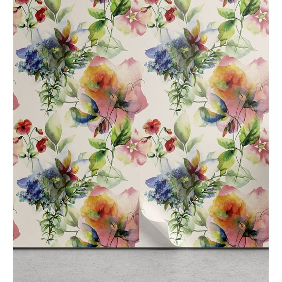 Ambesonne Floral Peel & Stick Wallpaper for Home, Flowers Wild Blooming Meadow, 13"x36", Pink Green and Blue Violet