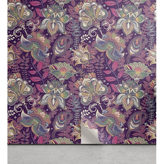 Ambesonne Floral Peel & Stick Wallpaper for Home, Flowers and Mandala Art, 13"x100", Mauve Green