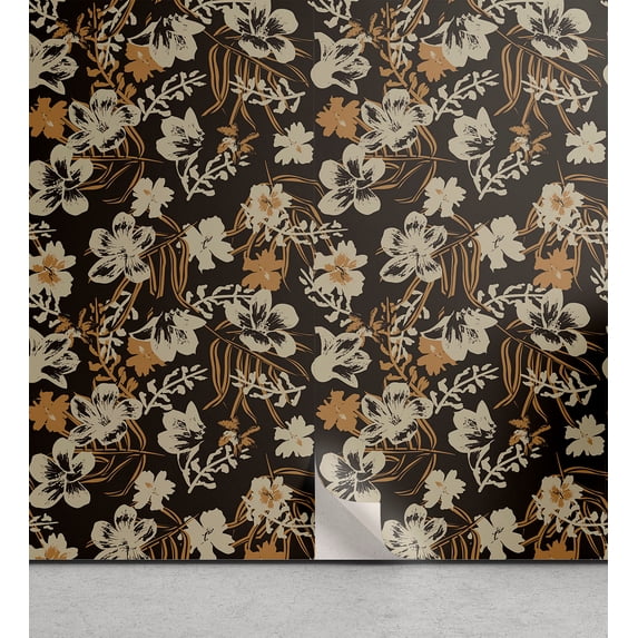 Ambesonne Floral Peel & Stick Wallpaper for Home, Garden Flowery Leaves Grunge, 13"x72", Grey Yellow Tan Brown