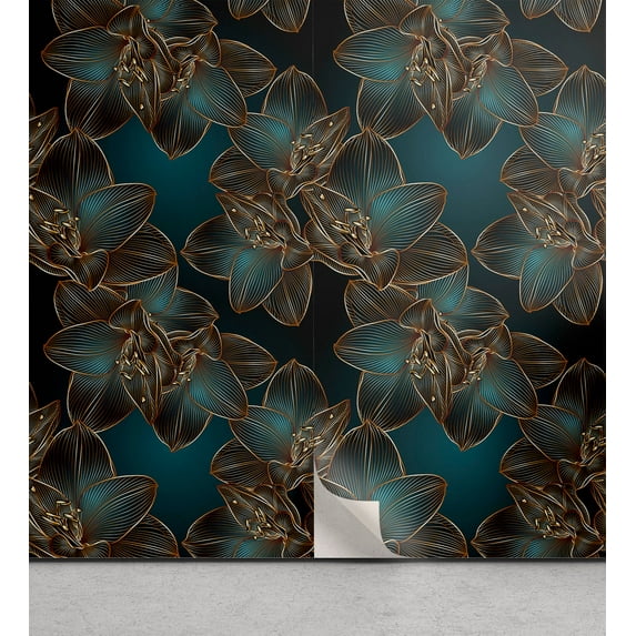 Ambesonne Floral Peel & Stick Wallpaper for Home, Geometric Art Retro Flowers, 13"x36", Petrol Blue and Cinnamon